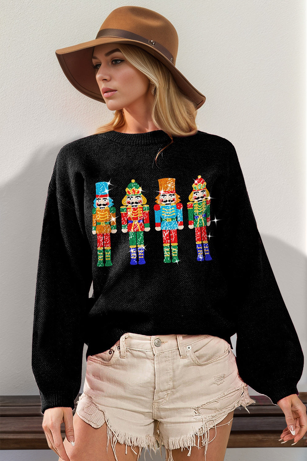 Double Take Full Size Sequin Nutcracker Long Sleeve Sweater - AMIN Clothing 