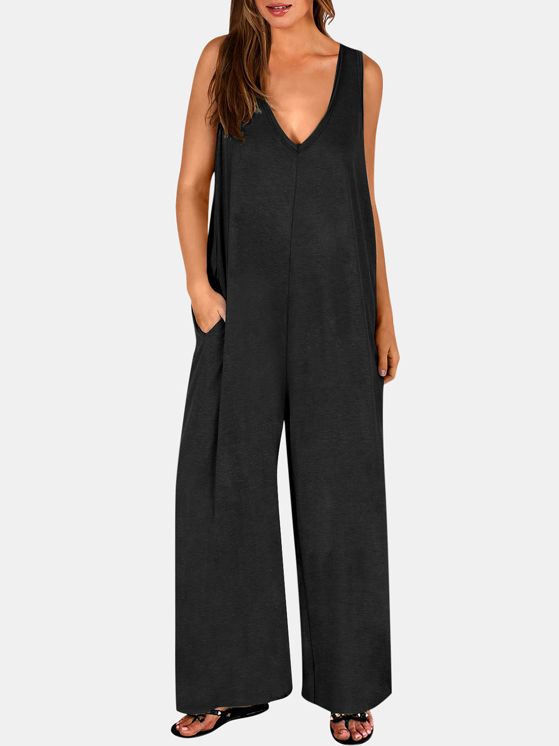 Full Size V-Neck Wide Strap Jumpsuit - AMIN Clothing 