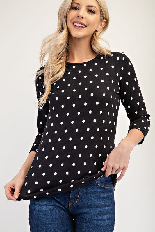 Celeste Full Size Polka Dot Round Neck Three-Quarter Sleeve T-Shirt - AMIN Clothing 