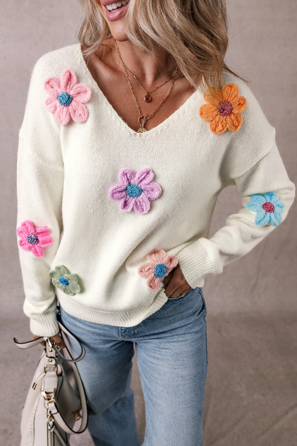 Crochet Flower V-Neck Long Sleeve Sweater - AMIN Clothing 