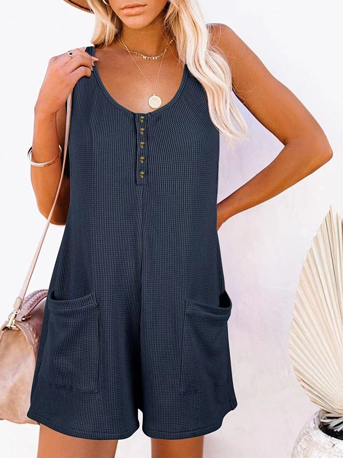 Full Size Pocketed Scoop Neck Sleeveless Romper - AMIN Clothing 