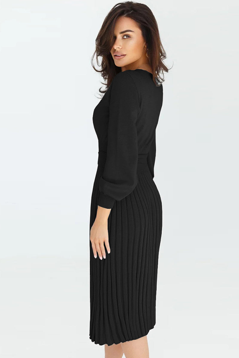 Round Neck Long Sleeve Pleated Sweater Dress - AMIN Clothing 