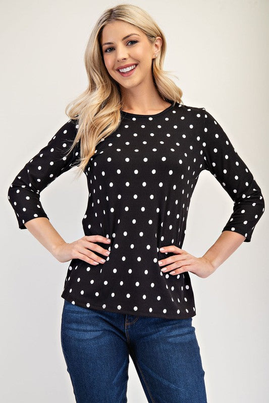 Celeste Full Size Polka Dot Round Neck Three-Quarter Sleeve T-Shirt - AMIN Clothing 