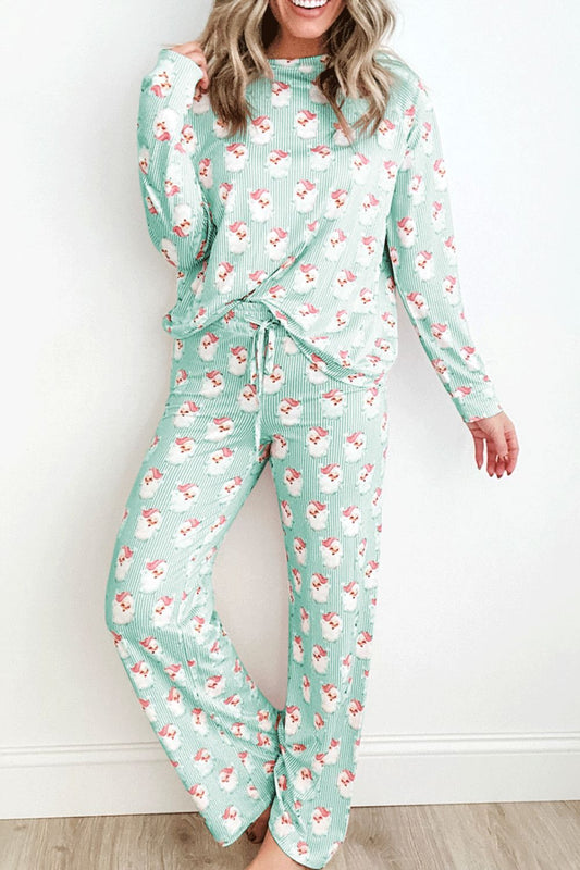 Santa Print Long Sleeve Top and Pants Lounge Set - AMIN Clothing 