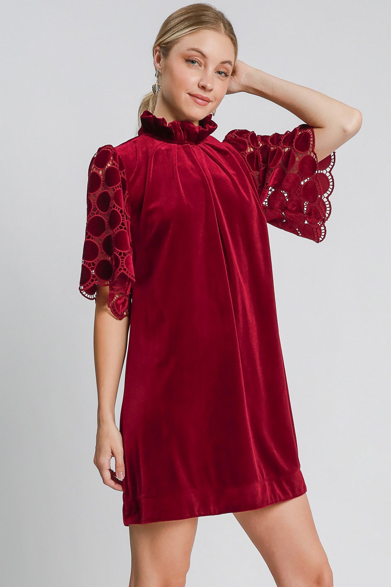 Umgee Dotted Lace Half Sleeve Mock Neck Back Tie Velvet Dress - AMIN Clothing 