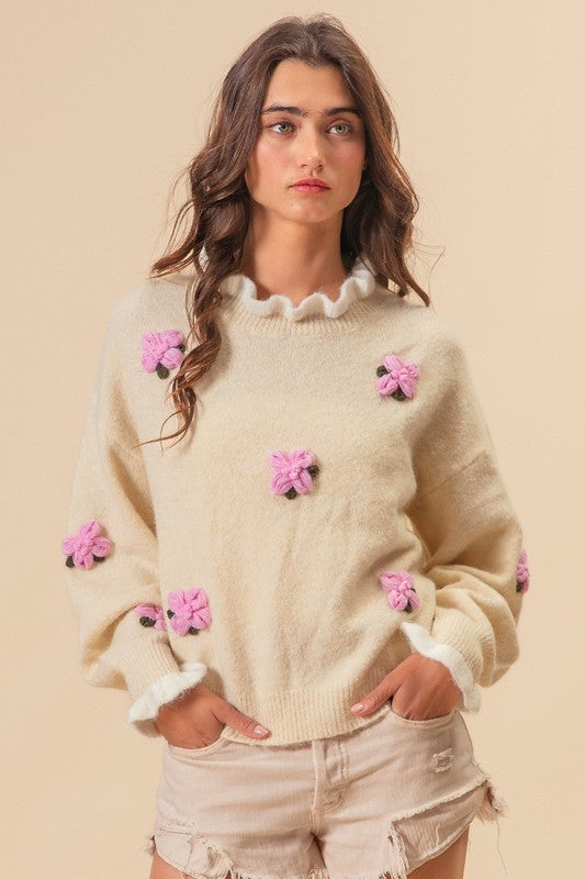 BiBi Ruffled Crochet Flower Dropped Shoulder Sweater - AMIN Clothing 