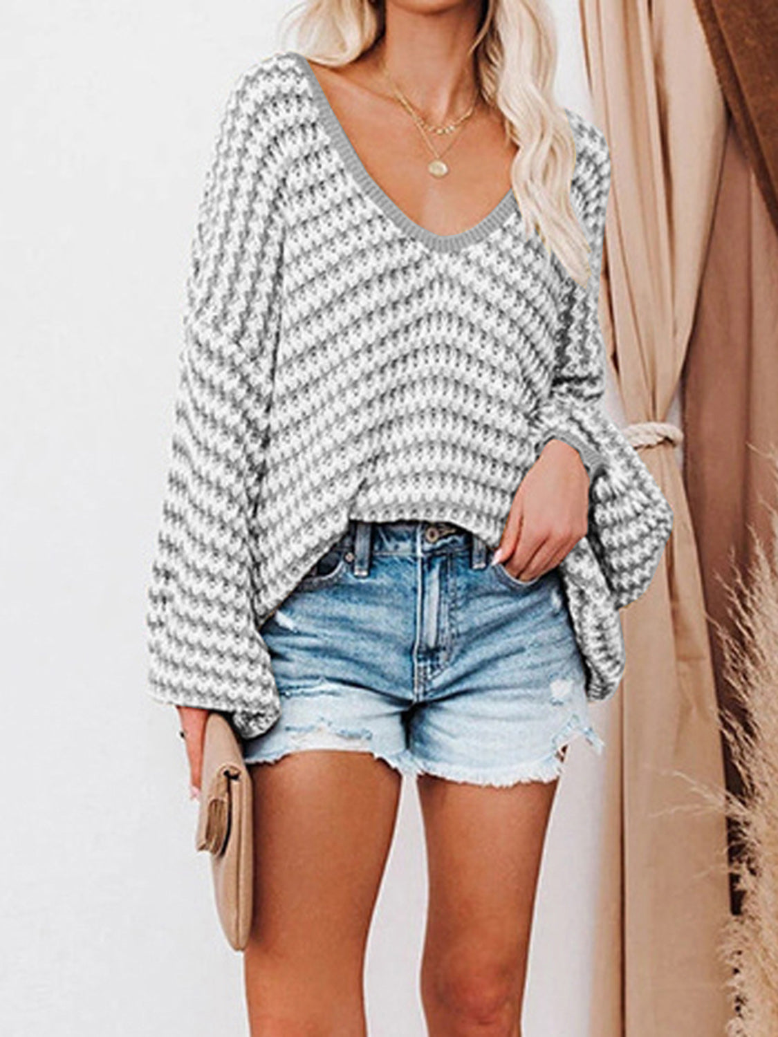 Striped Drop Shoulder V-Neck Sweater - AMIN Clothing 