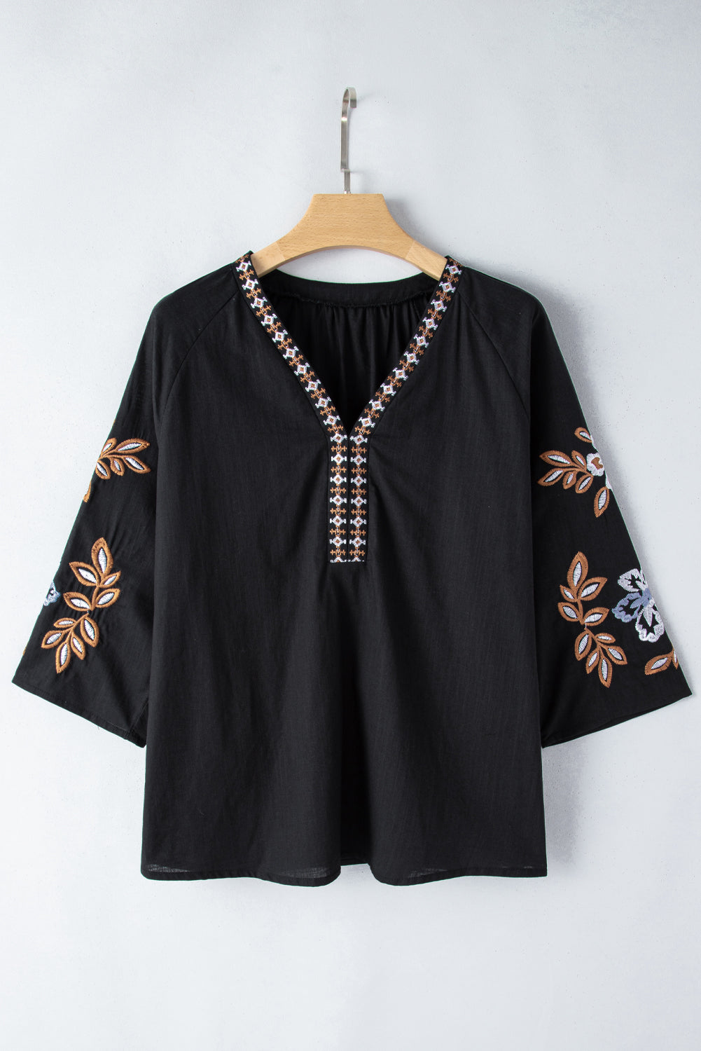 Embroidered V-Neck Three-Quarter Sleeve Blouse - AMIN Clothing 