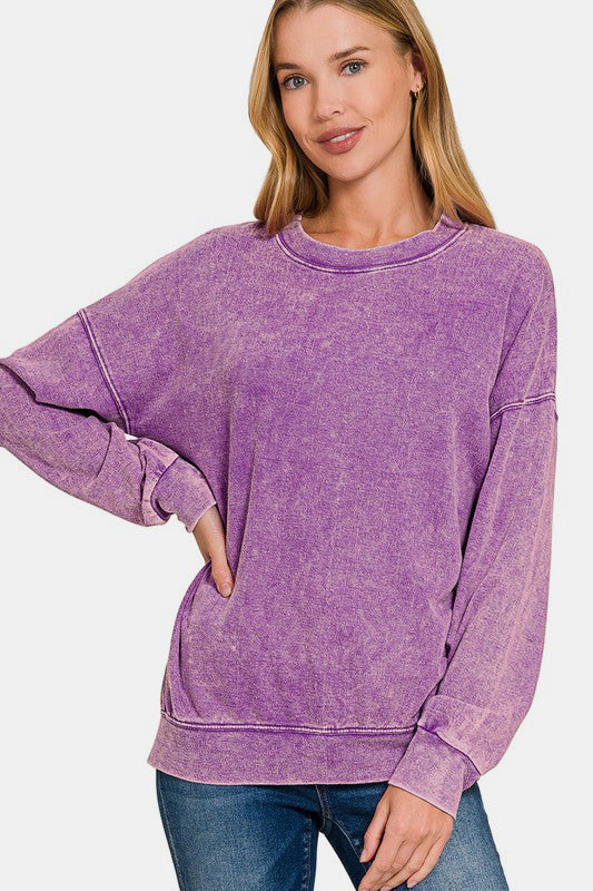 Zenana Washed Round Neck Dropped Shoulder Sweatshirt - AMIN Clothing 