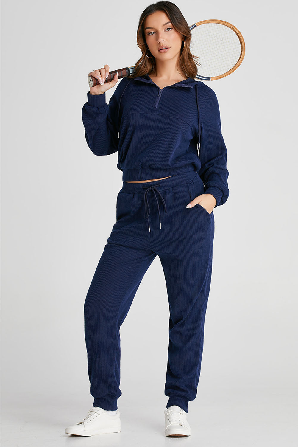 Drawstring Half Zip Hoodie and Joggers Active Set - AMIN Clothing 