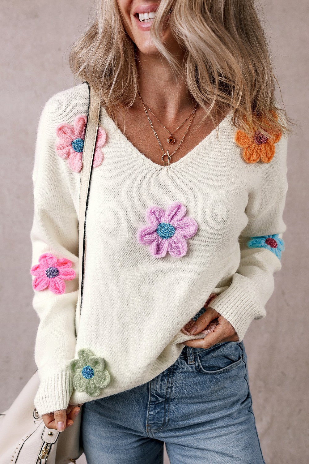 Crochet Flower V-Neck Long Sleeve Sweater - AMIN Clothing 