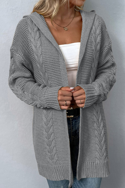 Cable-Knit Dropped Shoulder Hooded Cardigan - AMIN Clothing 