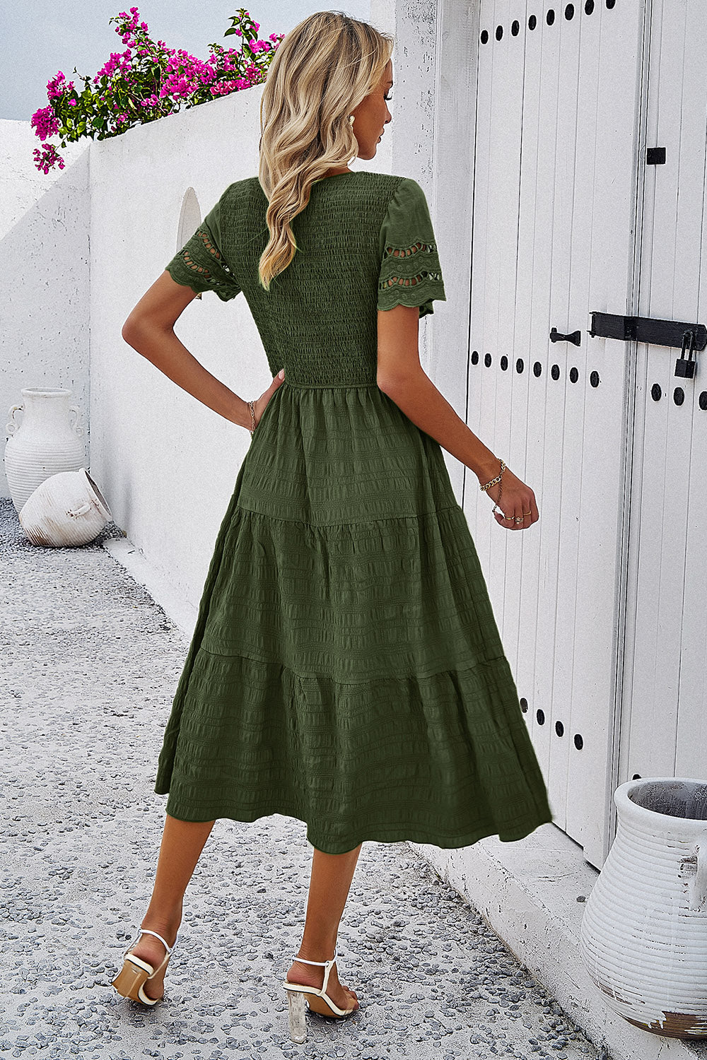 Devine Smocked Round Neck Short Sleeve Midi Dress - AMIN Clothing 