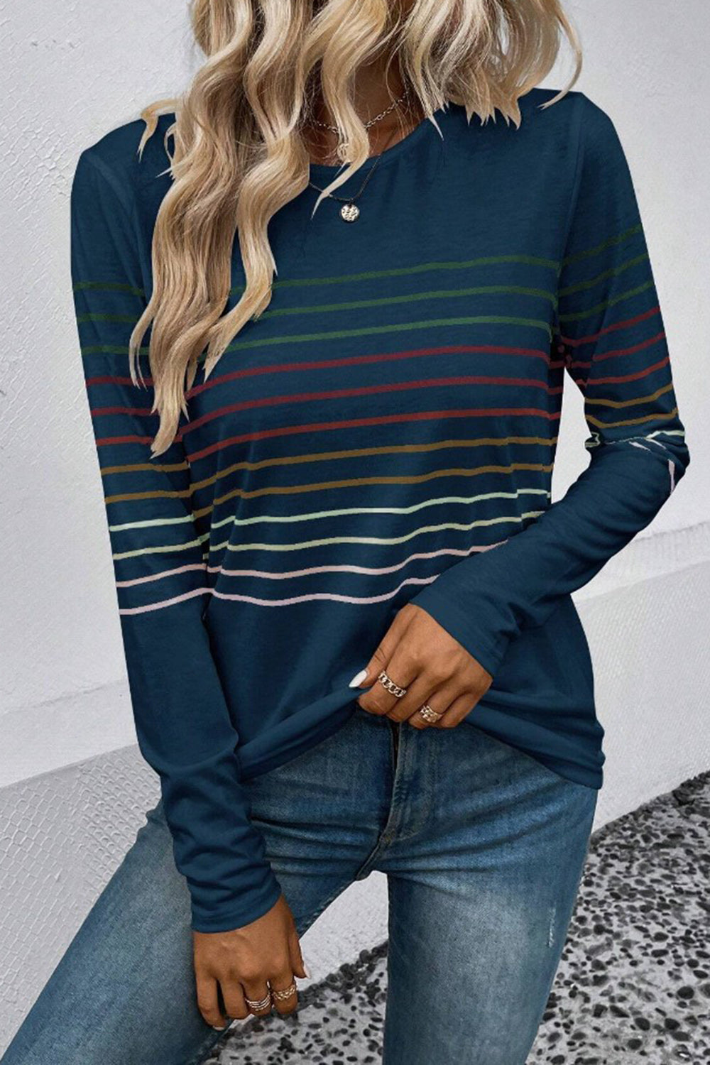 Striped Round Neck Long Sleeve T-Shirt - AMIN Clothing 