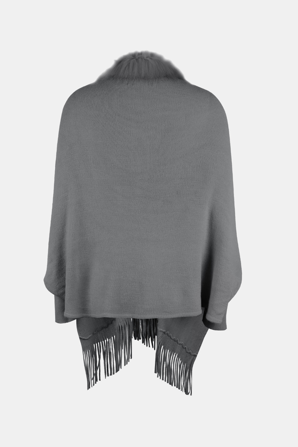 Fringe Open Front Long Sleeve Poncho - AMIN Clothing 