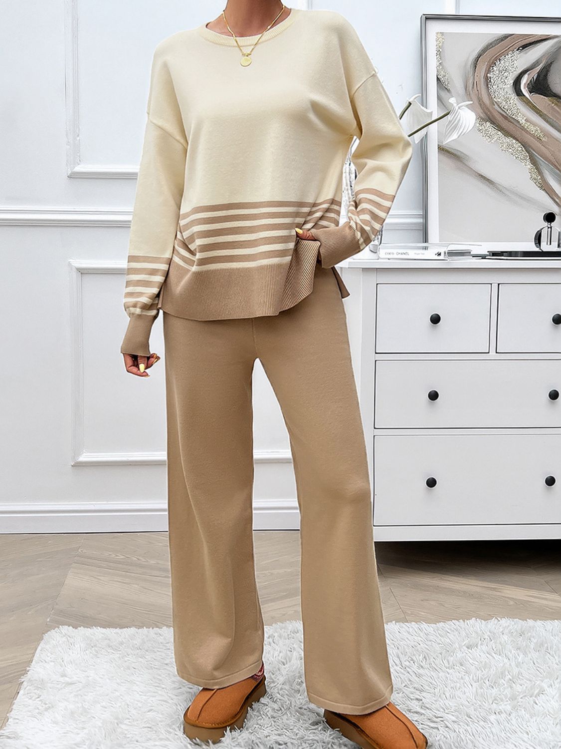 Devine Slit Striped Round Neck Top and Pants Sweater Set - AMIN Clothing 