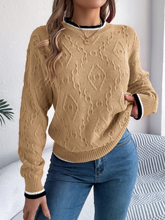 Contrast Trim Round Neck Long Sleeve Sweater - AMIN Clothing 