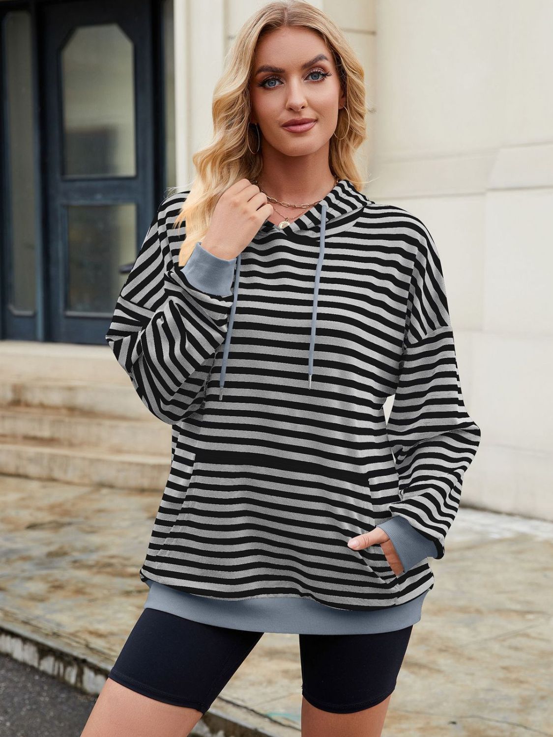 Drawstring Contrast Striped Long Sleeve Hoodie - AMIN Clothing 