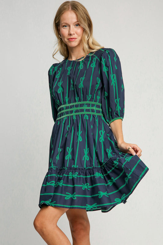 Umgee Ribbon Print Frill Contrast Velvet Trim Half Sleeve Dress - AMIN Clothing 