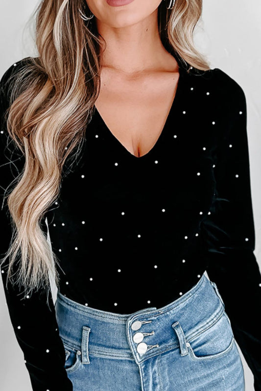 Pearl Detail Velvet V-Neck Long Sleeve Bodysuit - AMIN Clothing 