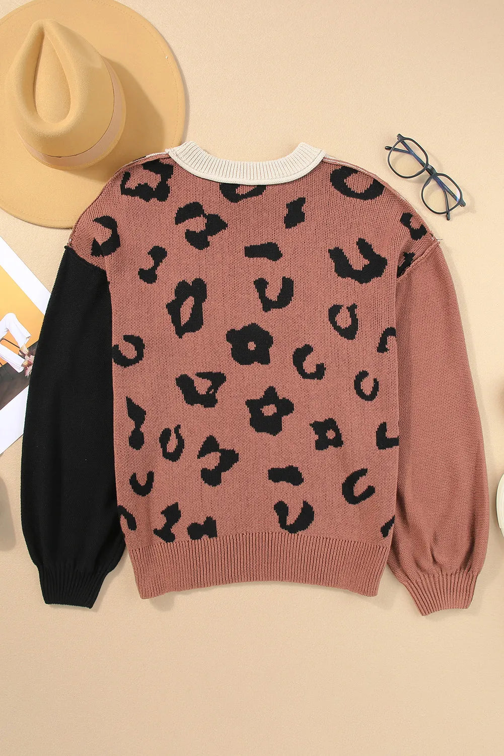 Leopard Round Neck Long Sleeve Sweater - AMIN Clothing 