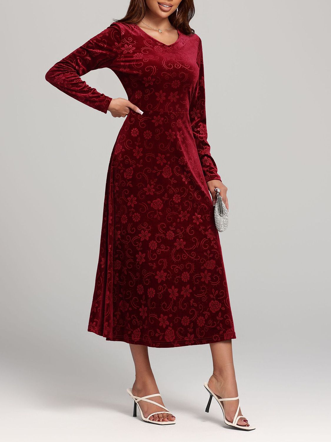 Flower Print V-Neck Long Sleeve Midi Dress - AMIN Clothing 