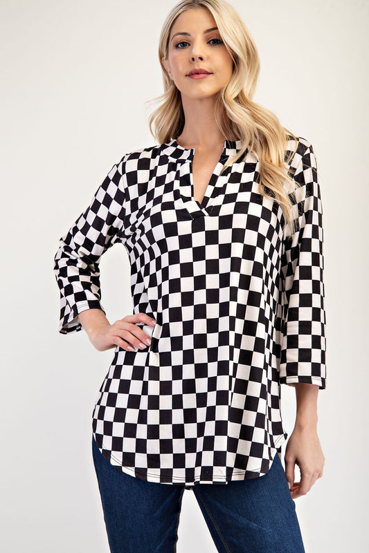 Celeste Full Size Curved Hem Checkered Notched Blouse - AMIN Clothing 