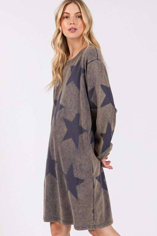 SAGE + FIG Washed Star Print Round Neck Dress - AMIN Clothing 