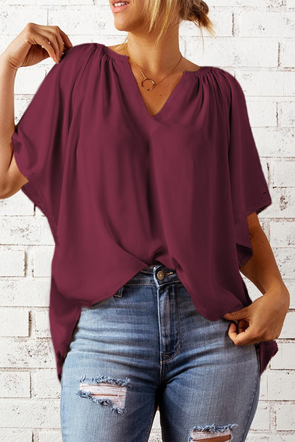 Gathered Detail Notched Neck Flutter Sleeve Top - AMIN Clothing 