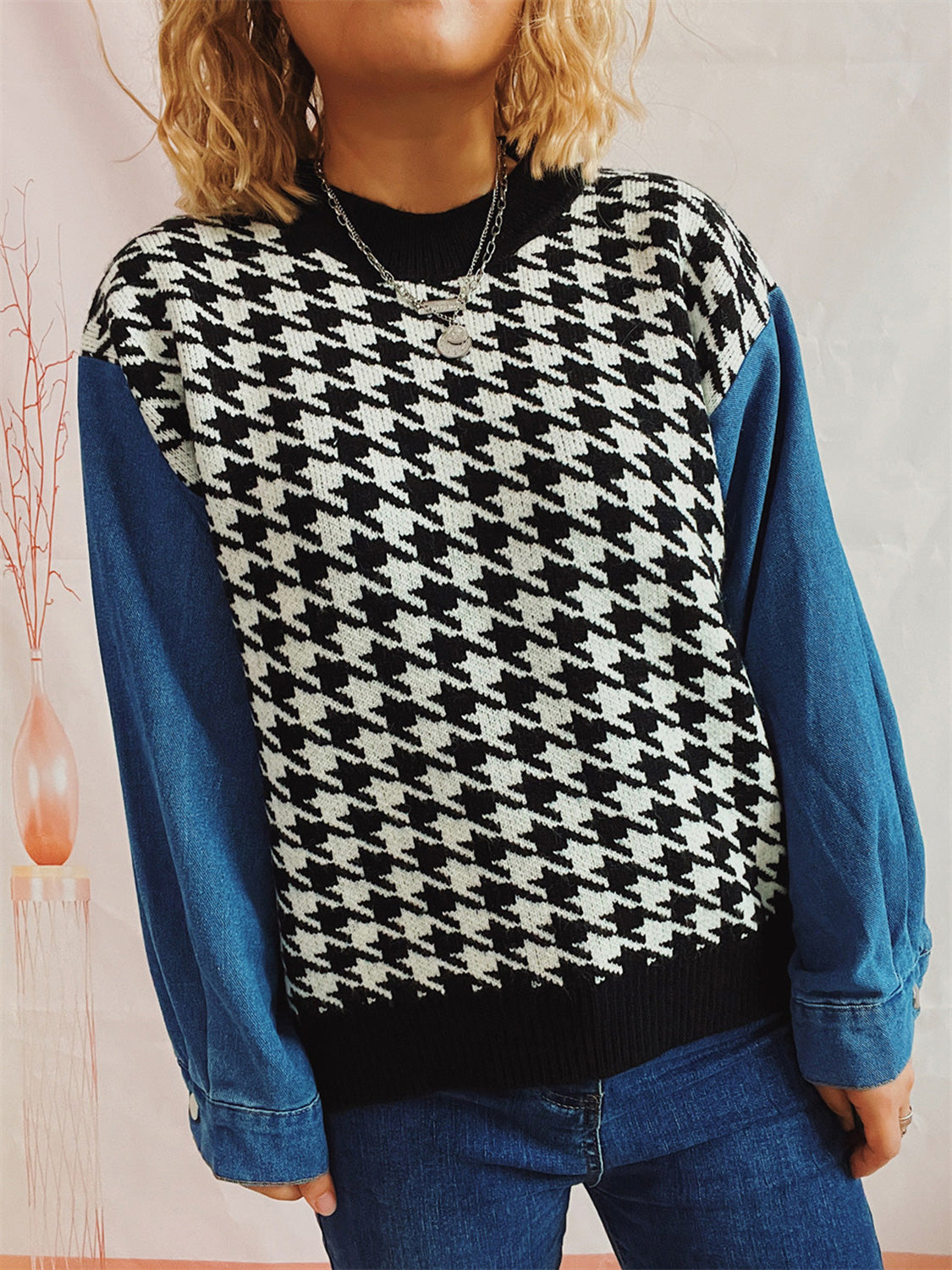 Houndstooth Denim Sleeve Sweater - AMIN Clothing 