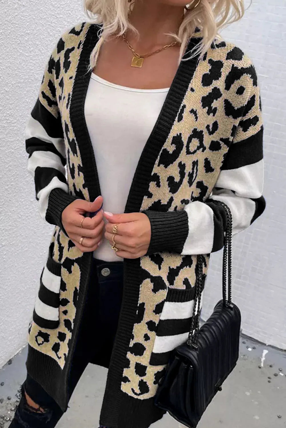 Leopard Open Front Long Sleeve Cardigan - AMIN Clothing 