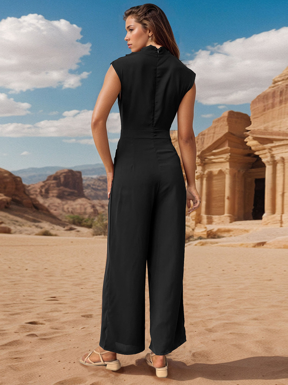 Perfee Ruched Mock Neck Sleeveless Jumpsuit - AMIN Clothing 