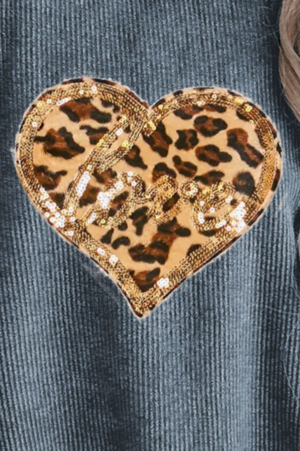 Heart Leopard Sequin Round Neck Sweatshirt - AMIN Clothing 