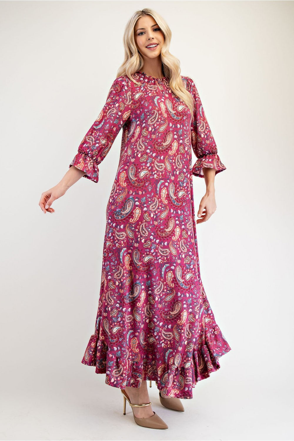 Celeste Full Size Ruffle Hem Paisley Round Neck Dress - AMIN Clothing 