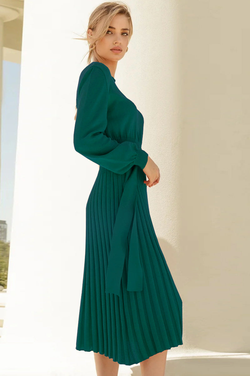 Round Neck Long Sleeve Pleated Sweater Dress - AMIN Clothing 