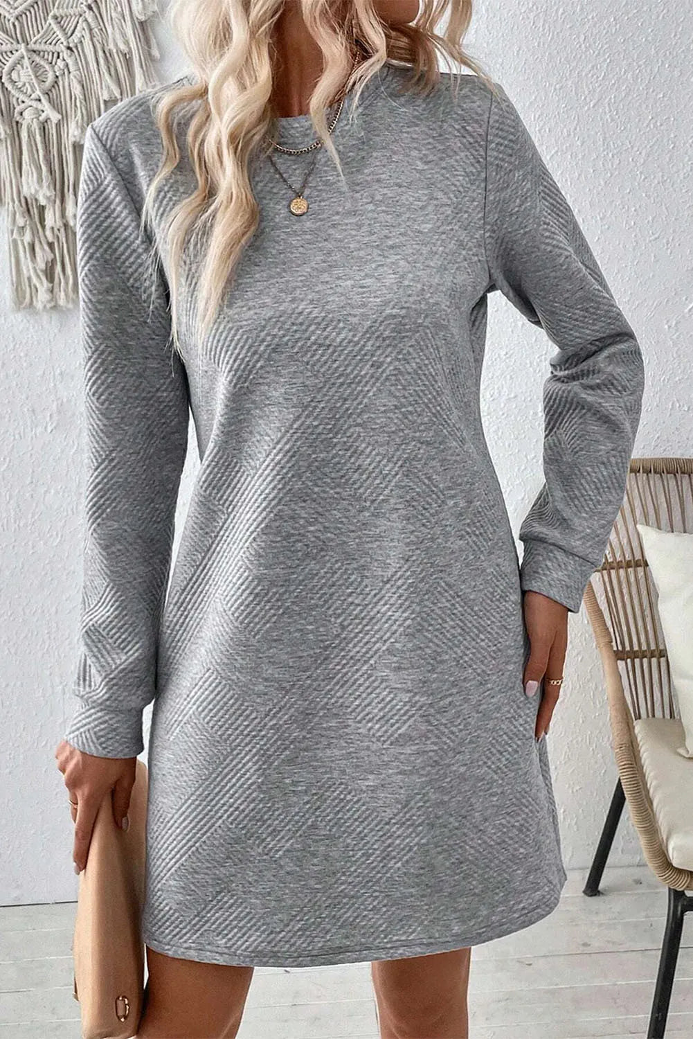 Textured Round Neck Long Sleeve Mini Dress - AMIN Clothing 