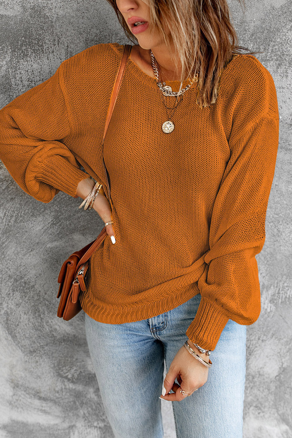 Tied Balloon Sleeve Round Neck Sweater - AMIN Clothing 