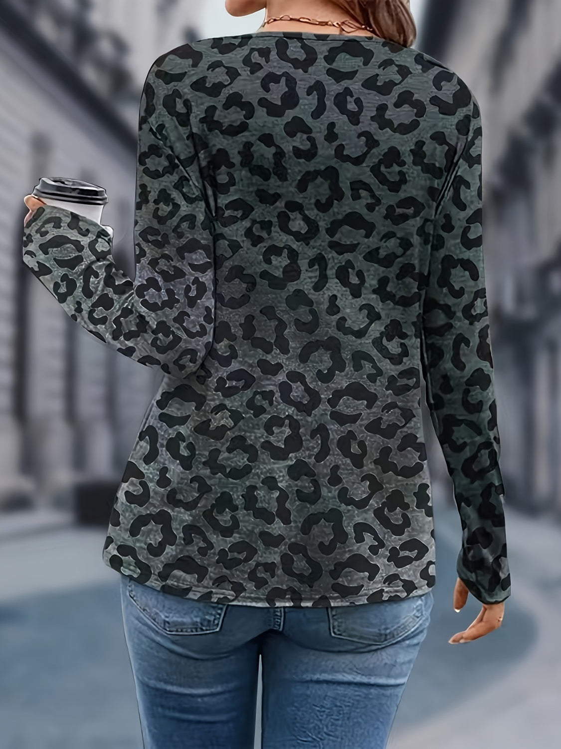 Leopard V-Neck Long Sleeve T-Shirt - AMIN Clothing 