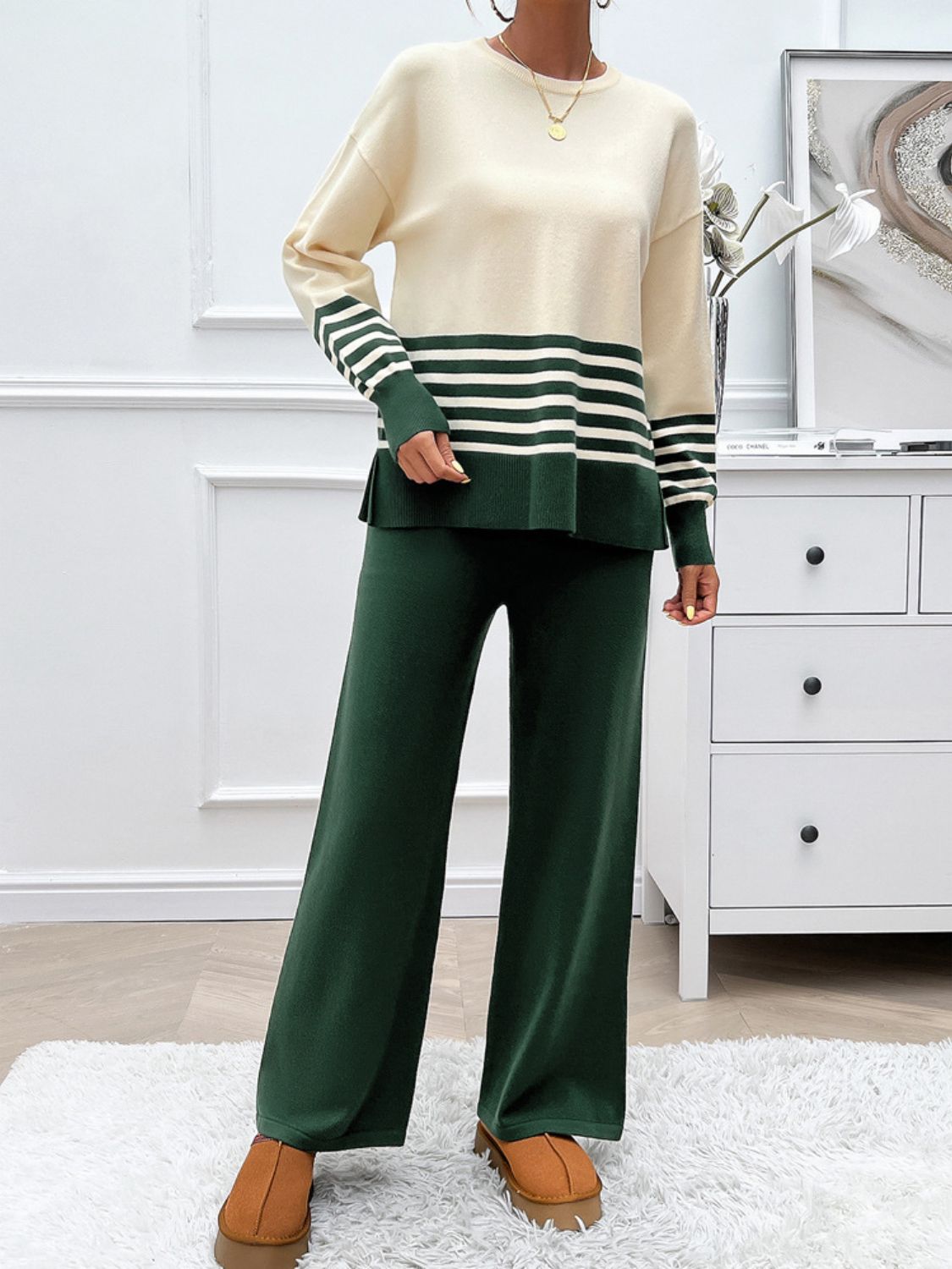 Devine Slit Striped Round Neck Top and Pants Sweater Set - AMIN Clothing 