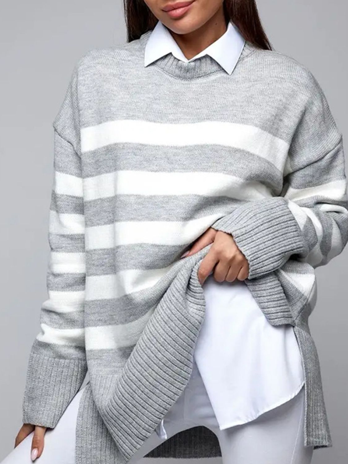 Slit Striped Round Neck Sweater - AMIN Clothing 