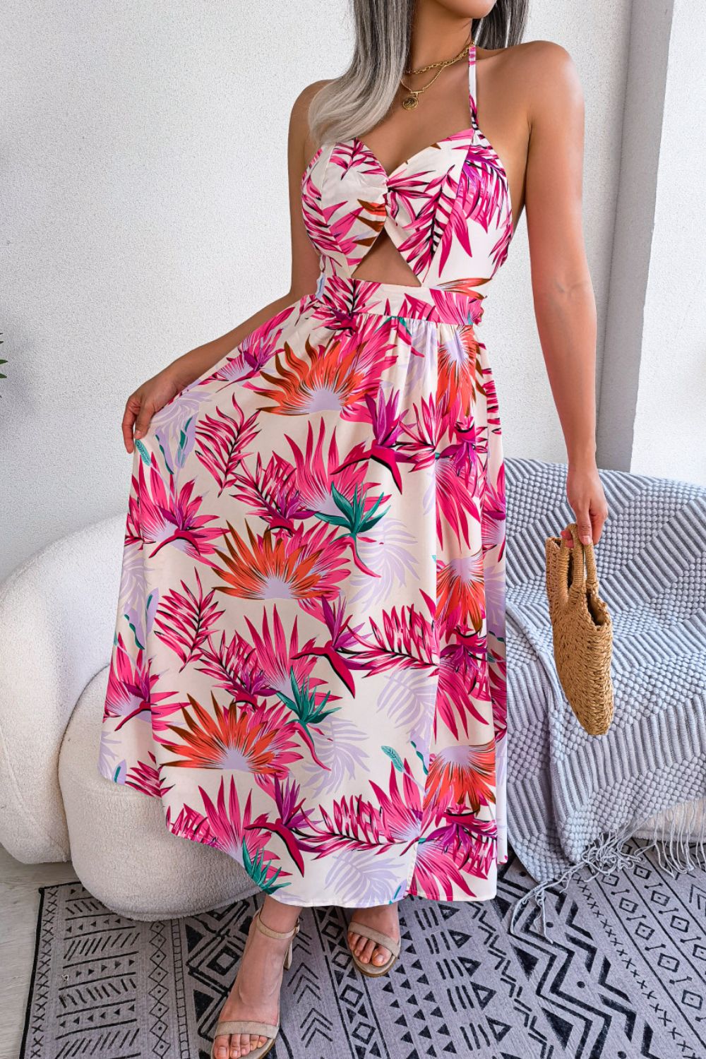 Botanical Print Tied Backless Cutout Slit Dress - AMIN Clothing 