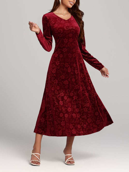 Flower Print V-Neck Long Sleeve Midi Dress - AMIN Clothing 