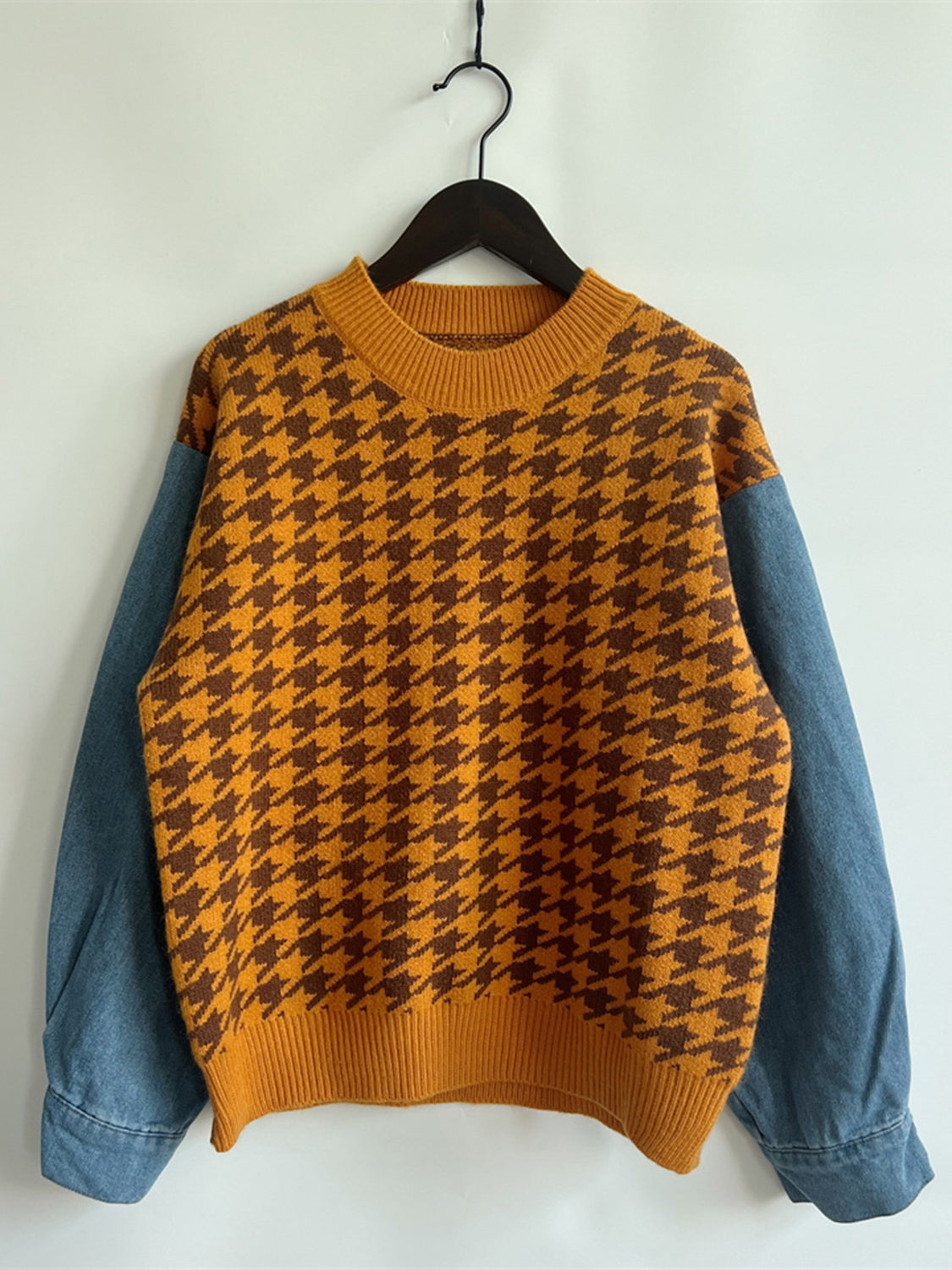 Houndstooth Denim Sleeve Sweater - AMIN Clothing 