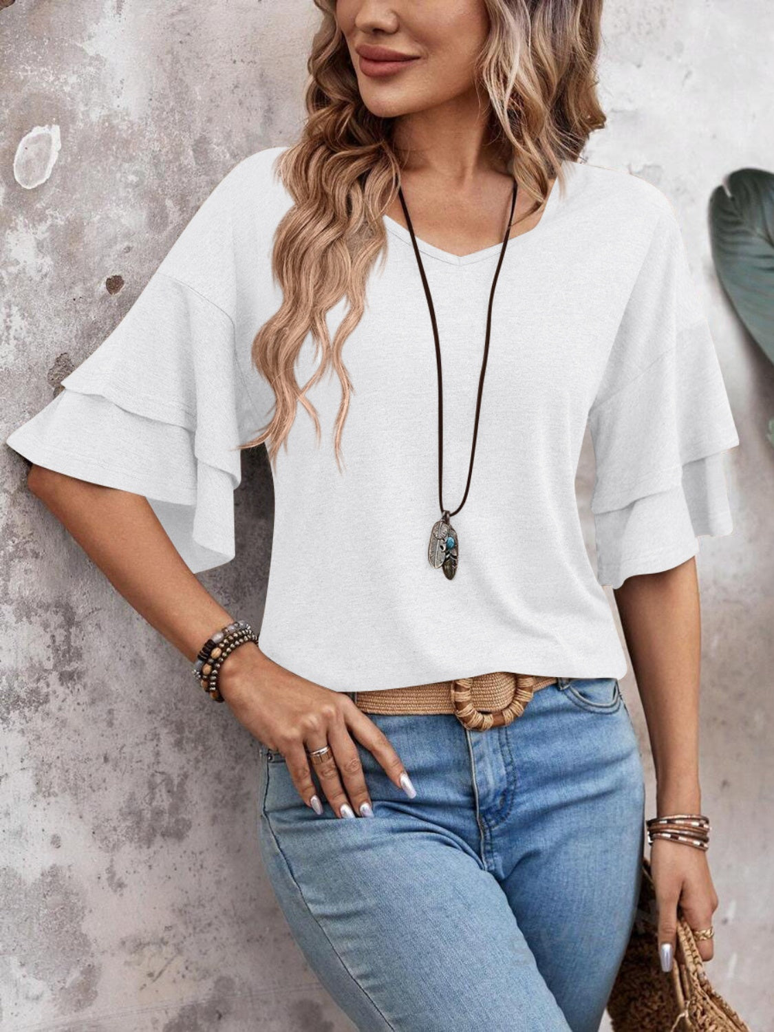 V-Neck Half Sleeve Blouse - AMIN Clothing 