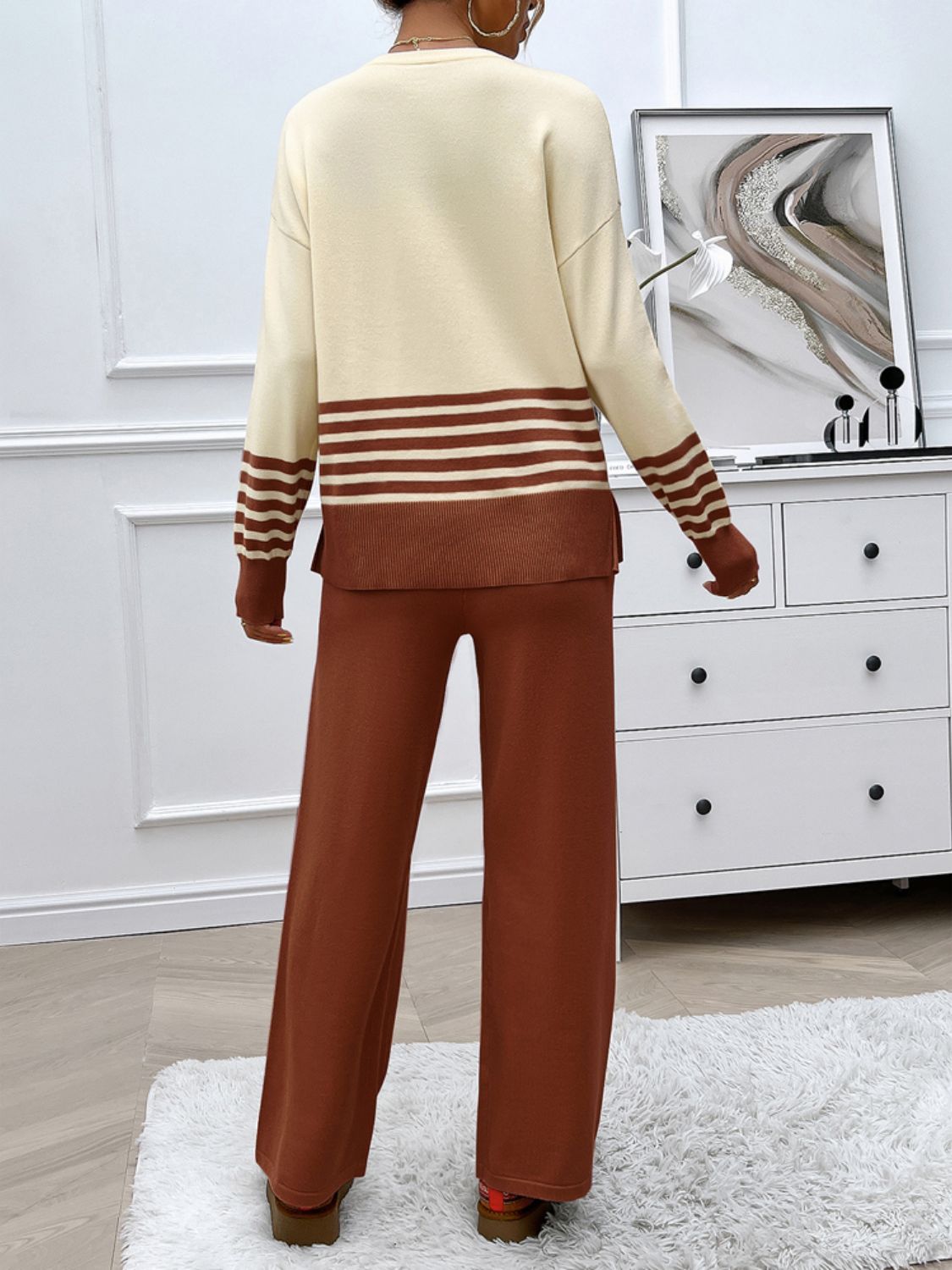 Devine Slit Striped Round Neck Top and Pants Sweater Set - AMIN Clothing 