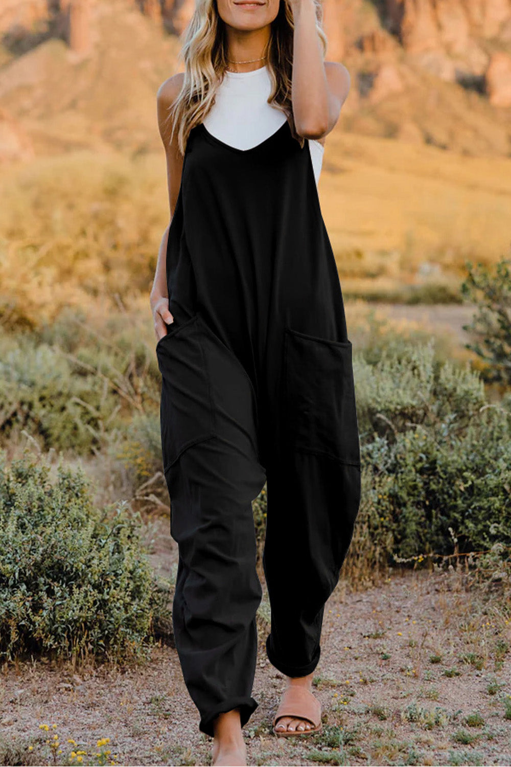 Double Take Full Size V-Neck Sleeveless Jumpsuit with Pockets - AMIN Clothing 