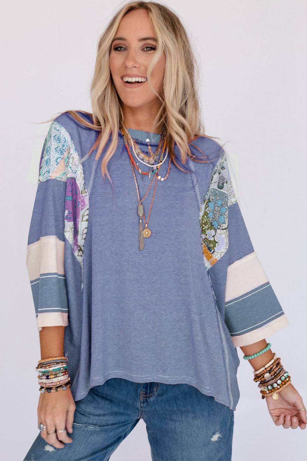 Striped Floral Patchwork Round Neck Top - AMIN Clothing 