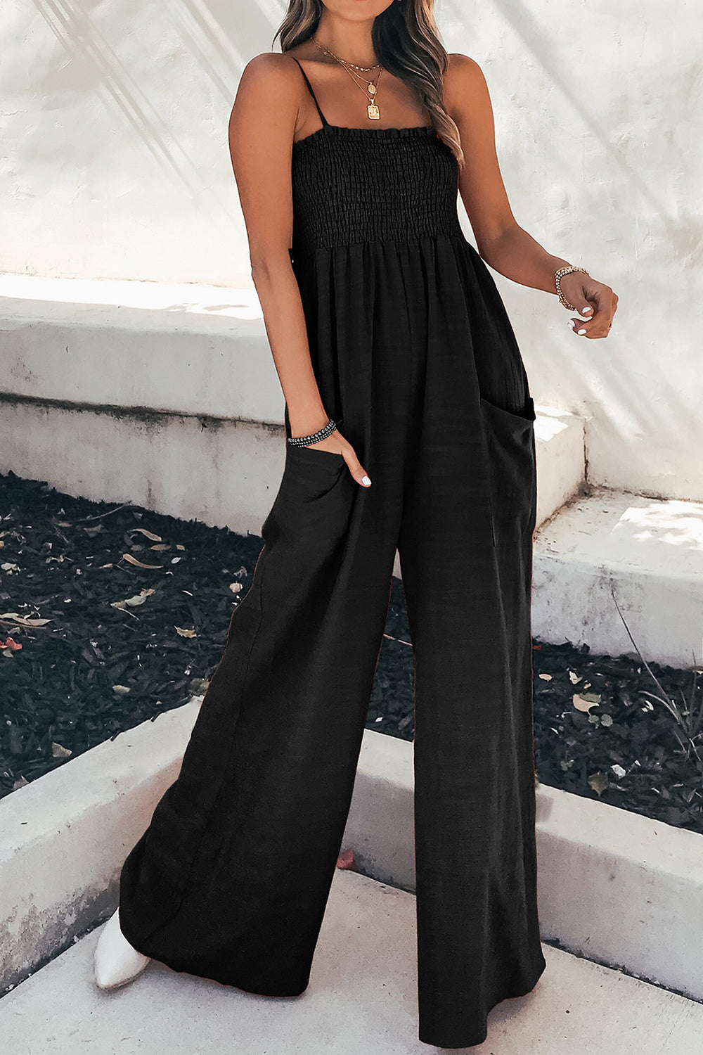 Smocked Spaghetti Strap Wide Leg Jumpsuit - AMIN Clothing 