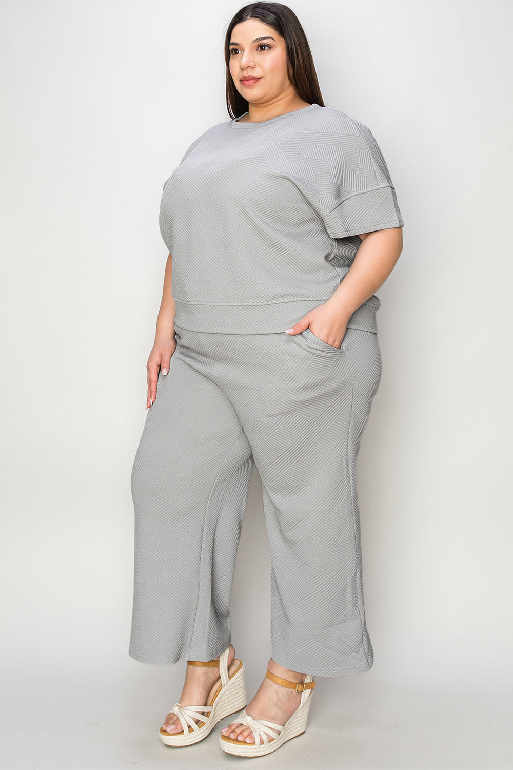 Double Take Full Size Texture Short Sleeve Top and Pants Set - AMIN Clothing 