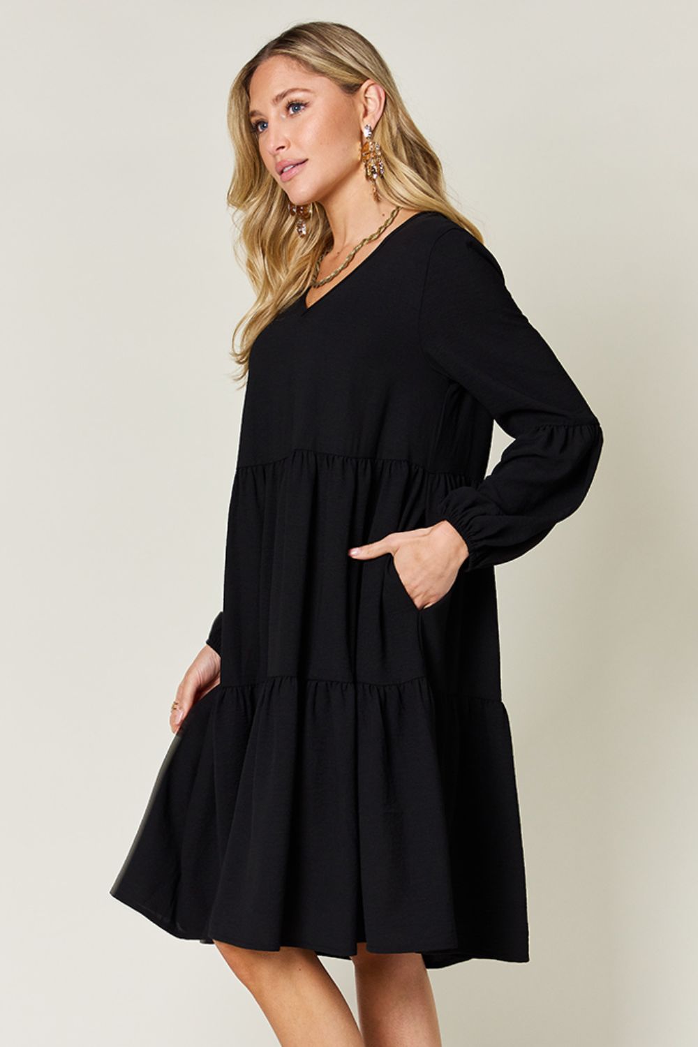 Double Take Full Size V-Neck Balloon Sleeve Tiered Dress with Pockets - AMIN Clothing 